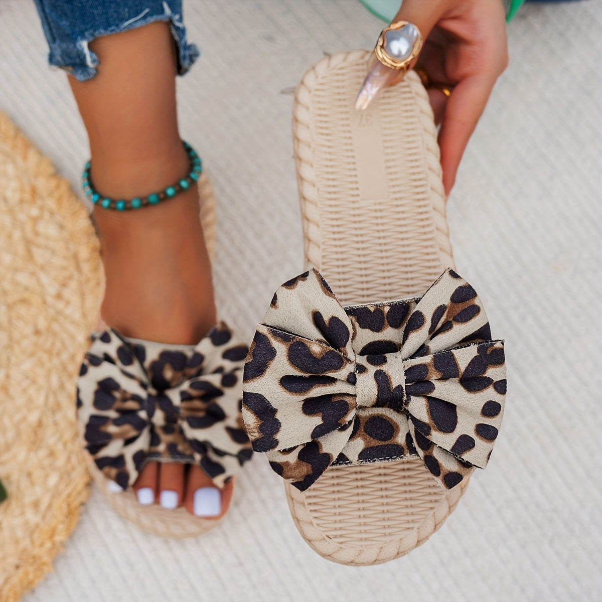 Women's Leopard Print Bowknot Slide Sandals Open-Toe Beach Shoes