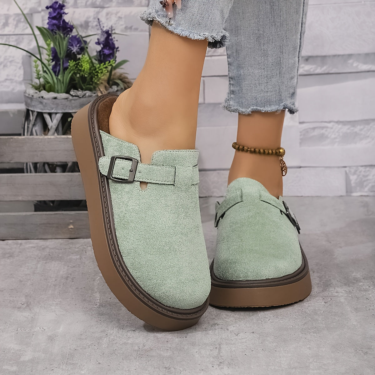 Women's Casual Buckle Loafers All-Season PU Upper Rubber Sole Flannel Insole