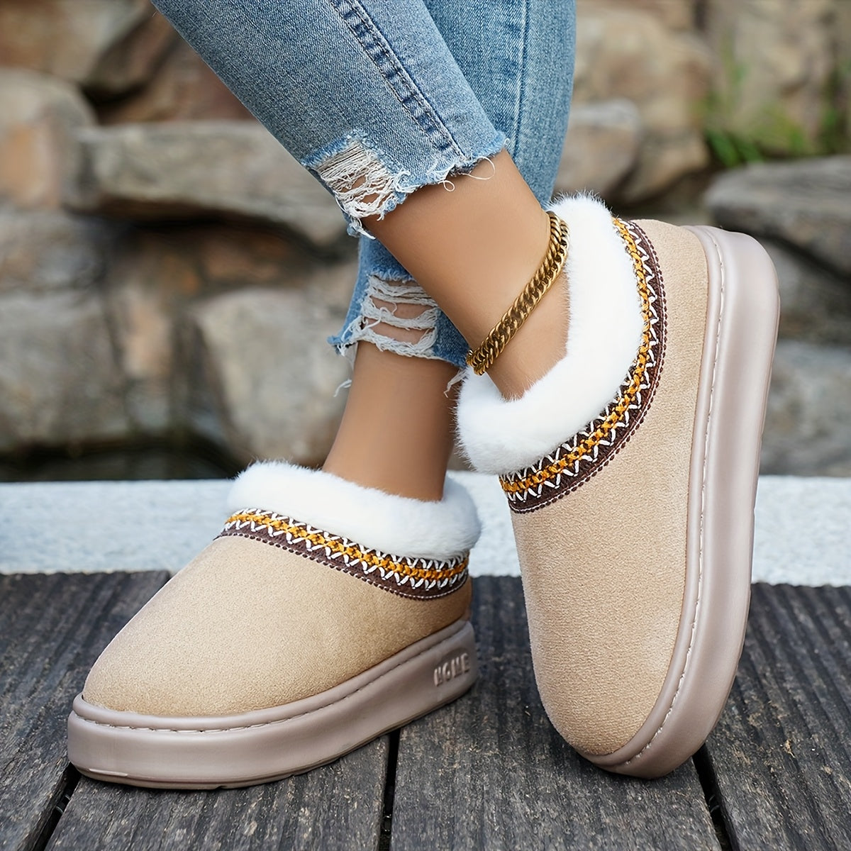 Women Cozy Fleece Lined Slippers Warm Brown Indoor Slip-Ons