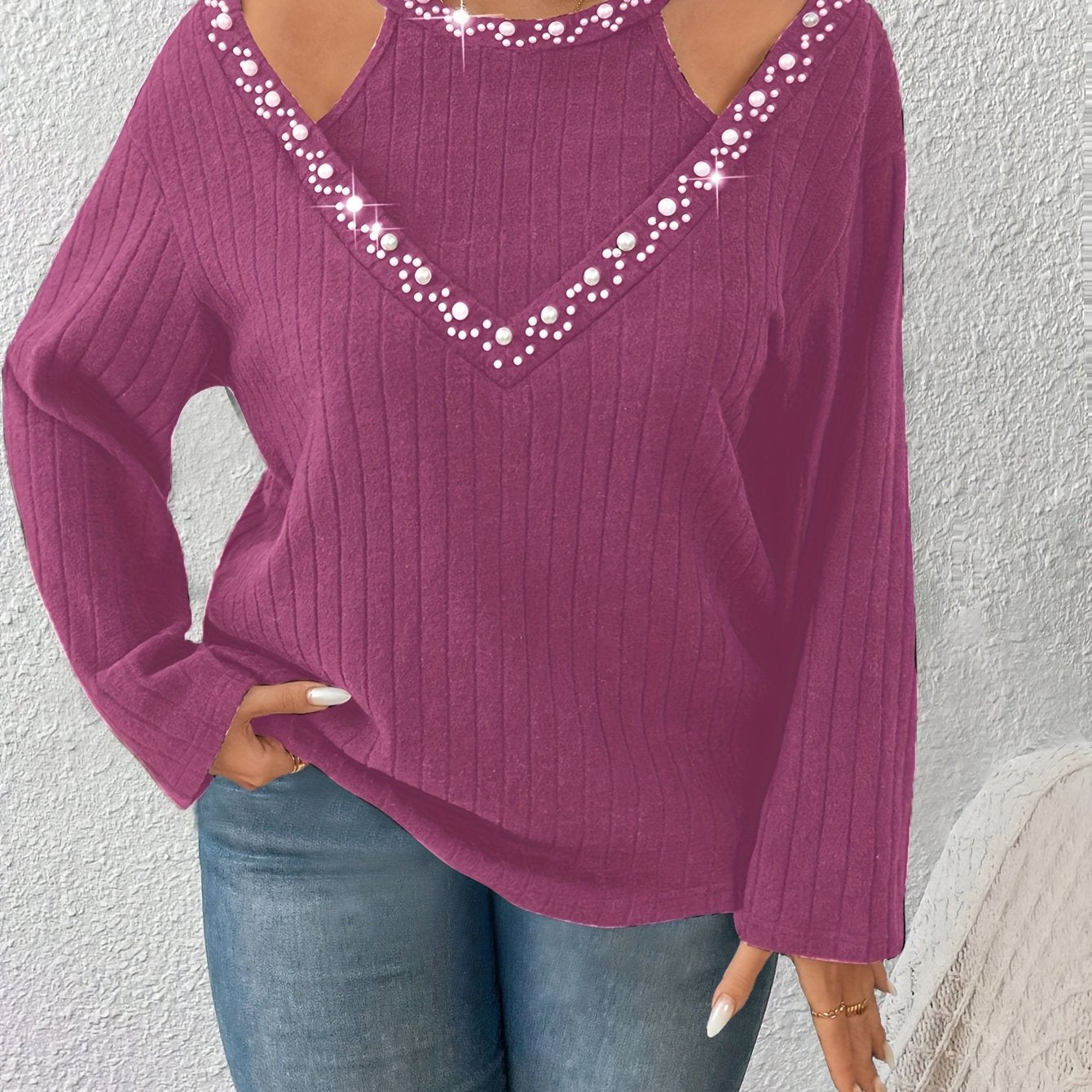 Women's Plus Size Pearl-Embellished Faux Two-Piece Long Sleeve T-Shirt Top