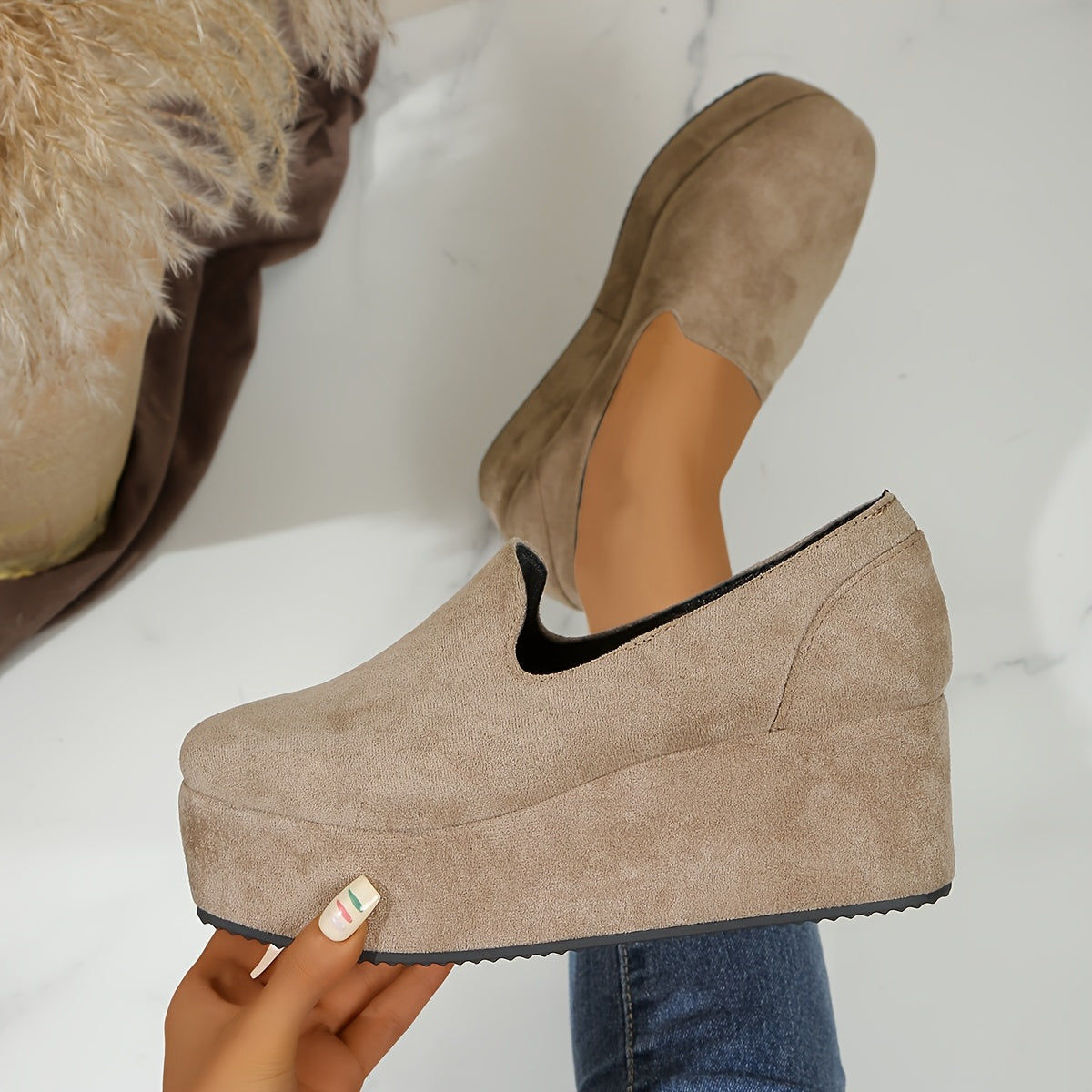 Women's Slip-On Platform Sneakers Soft Fabric Upper Black Casual Footwear