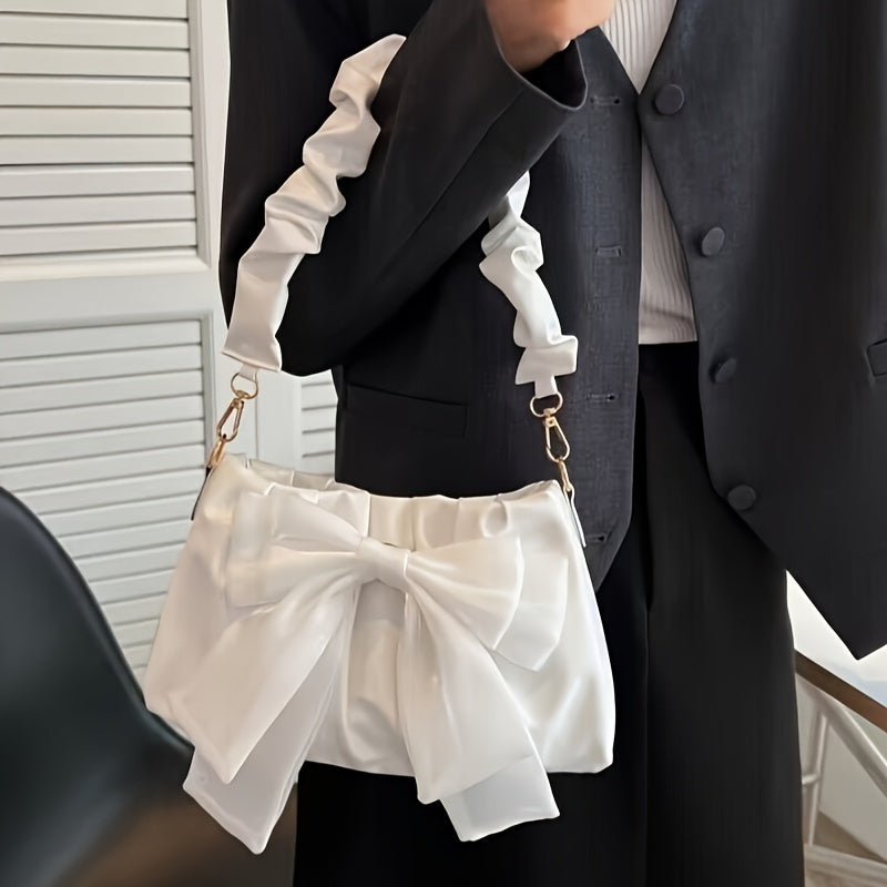 Solid Color Satchel Bag with Bowknot Decor and Ruching Handle