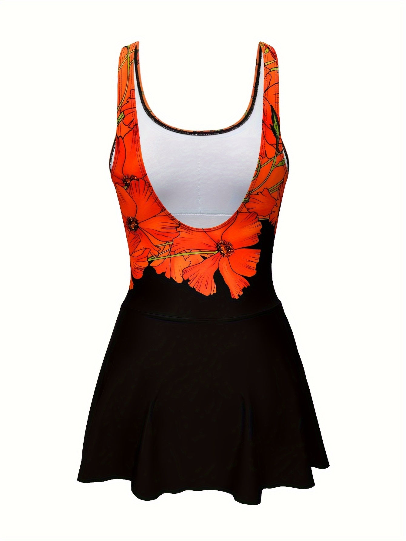 Ayollar uchun yumaloq bo'yinli, oq chetli va gullar naqshli kombinezon ko'ylagi.