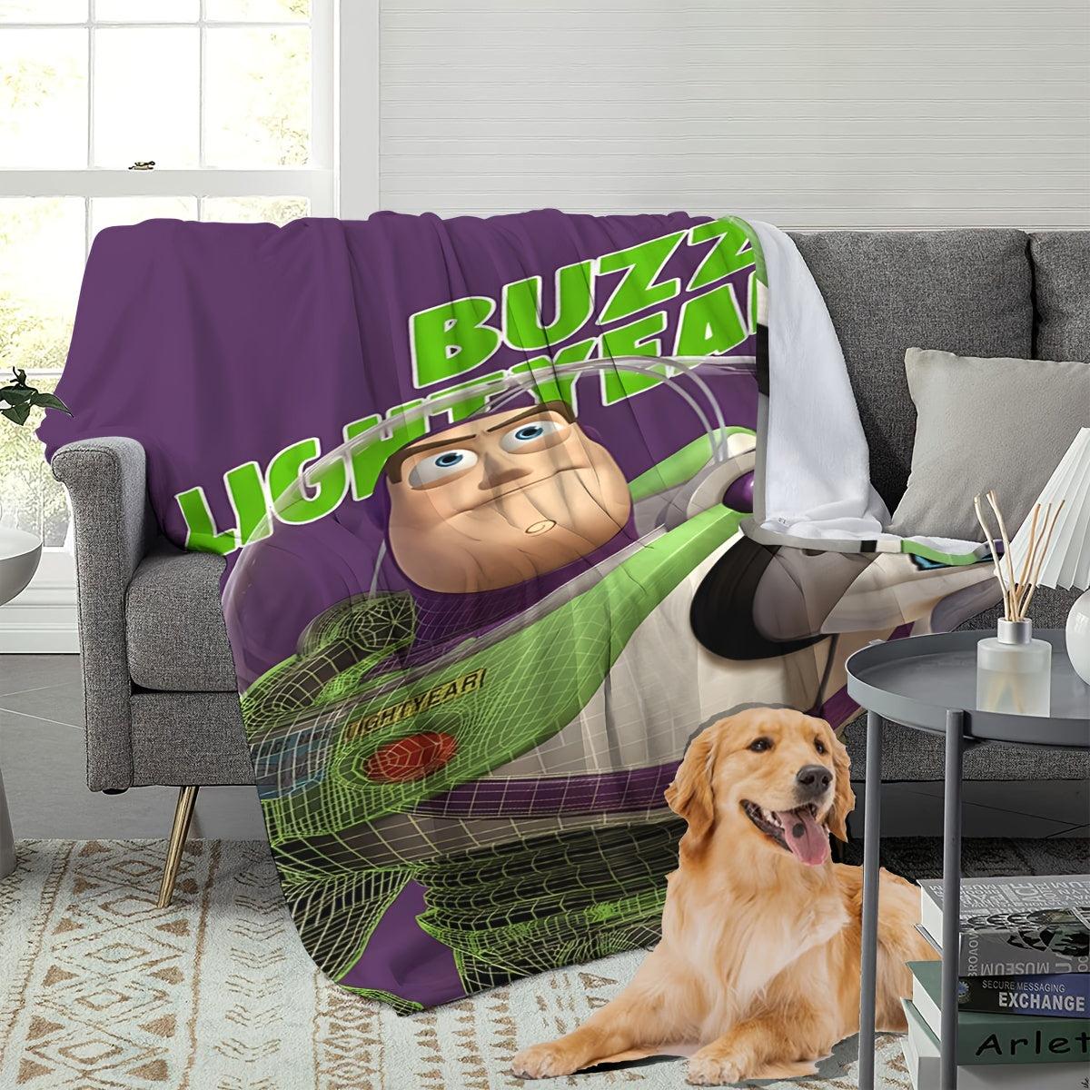 Action Figure Toy for Kids Buzz Lightyear Green Astronaut with Dinosaur on Purple Blanket