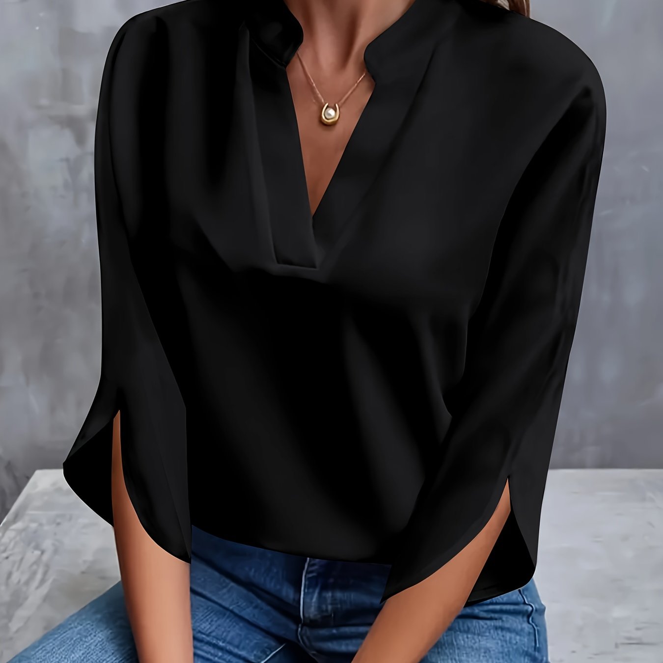 Solid Color V-Neck Blouse with 3/4 Split Sleeves for Women