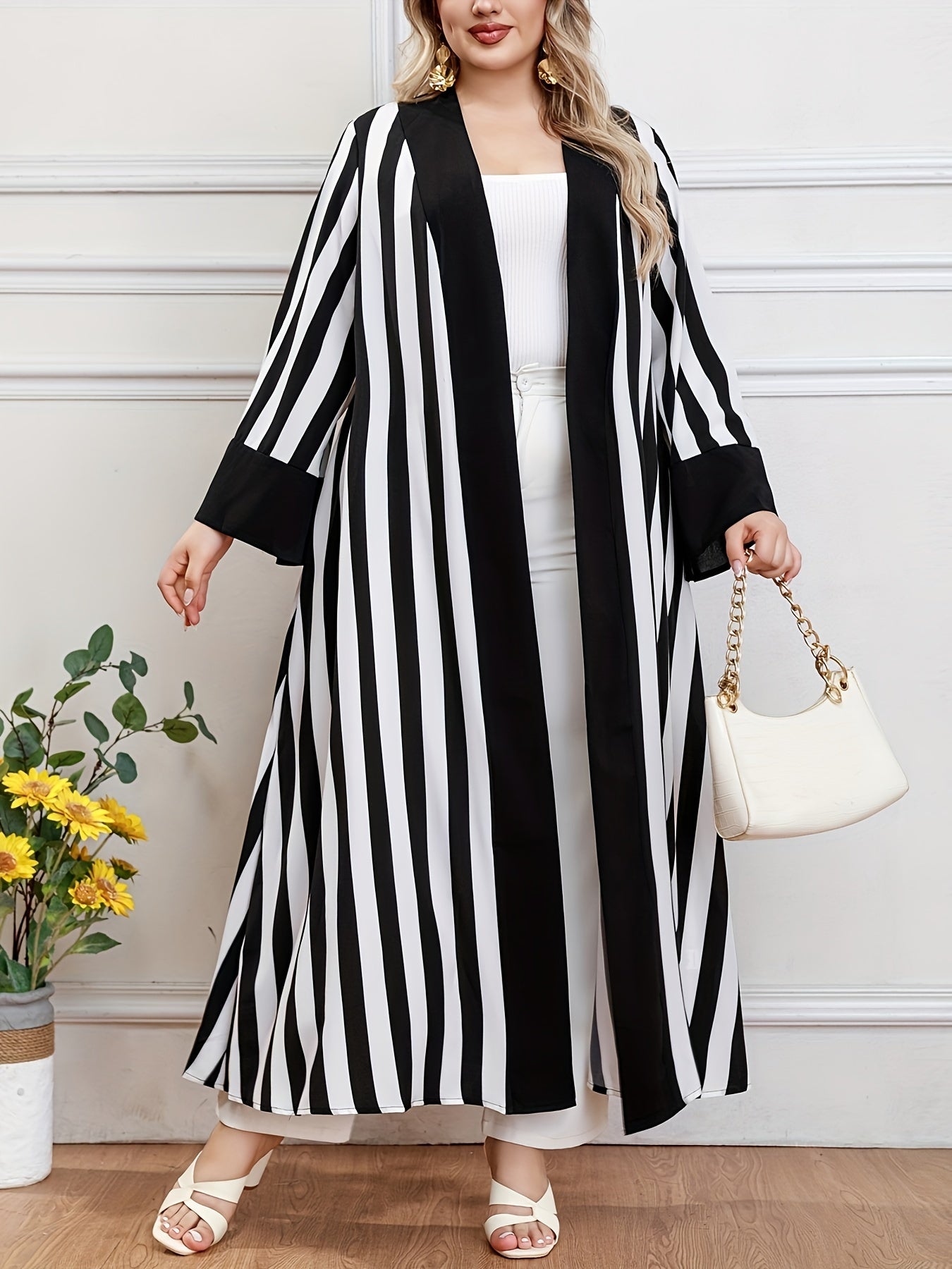 Plus Size Stripe Pattern Kaftan Coverup Long Sleeve Open Front Womens Clothing