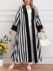 Plus Size Stripe Pattern Kaftan Coverup Long Sleeve Open Front Womens Clothing