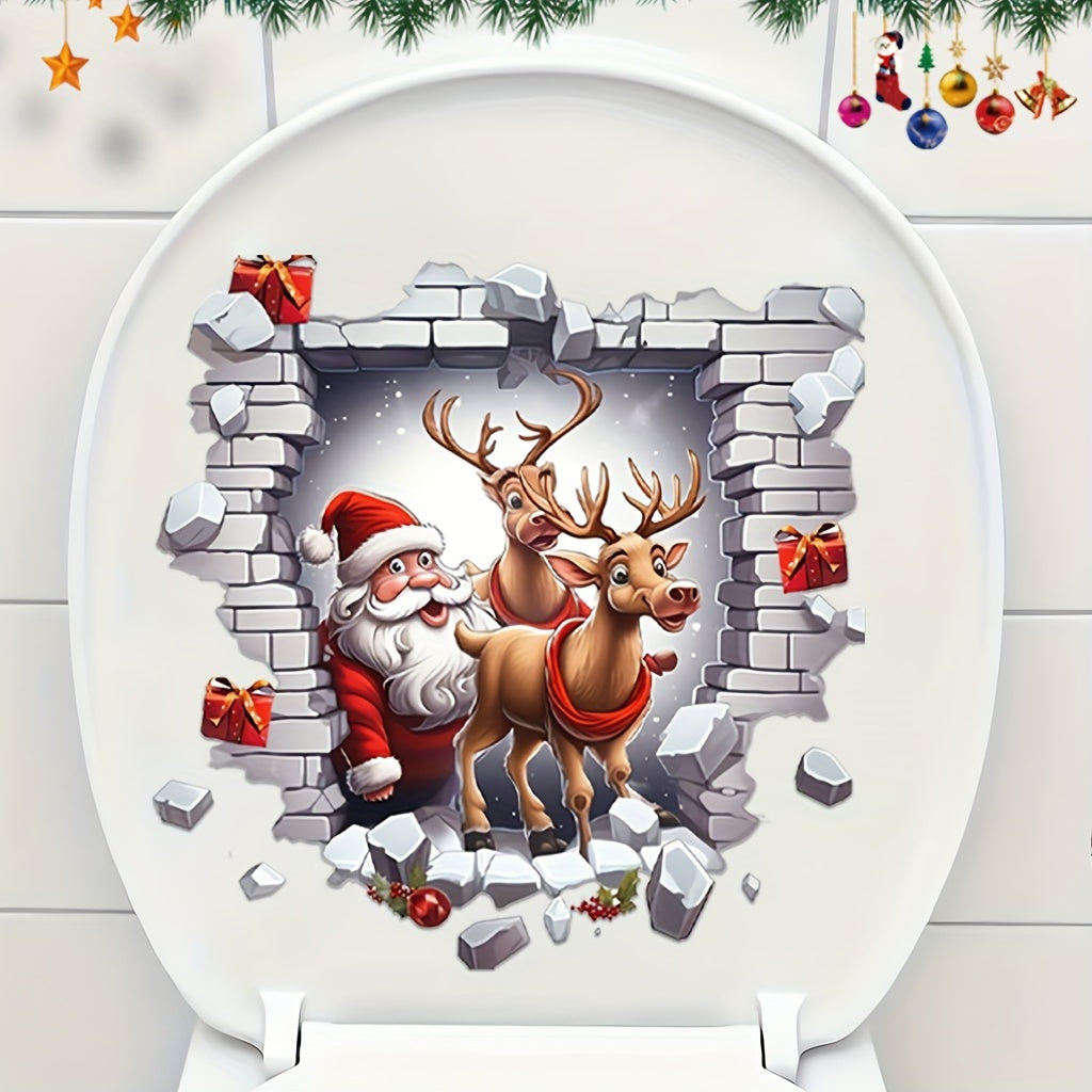 Christmas Santa and Reindeer Toilet Lid Sticker Waterproof Removable Holiday Decor