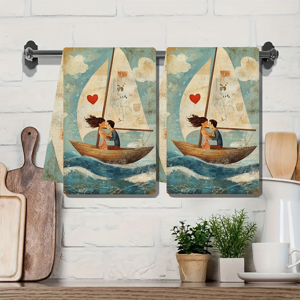 Two Pieces Ultra Soft Kitchen Towels Sailing Heart Illustration Absorbent Quick Dry