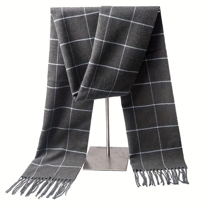 Men's Imitation Cashmere Scarf with Tassel Detail in Plaid Pattern for Fall Winter