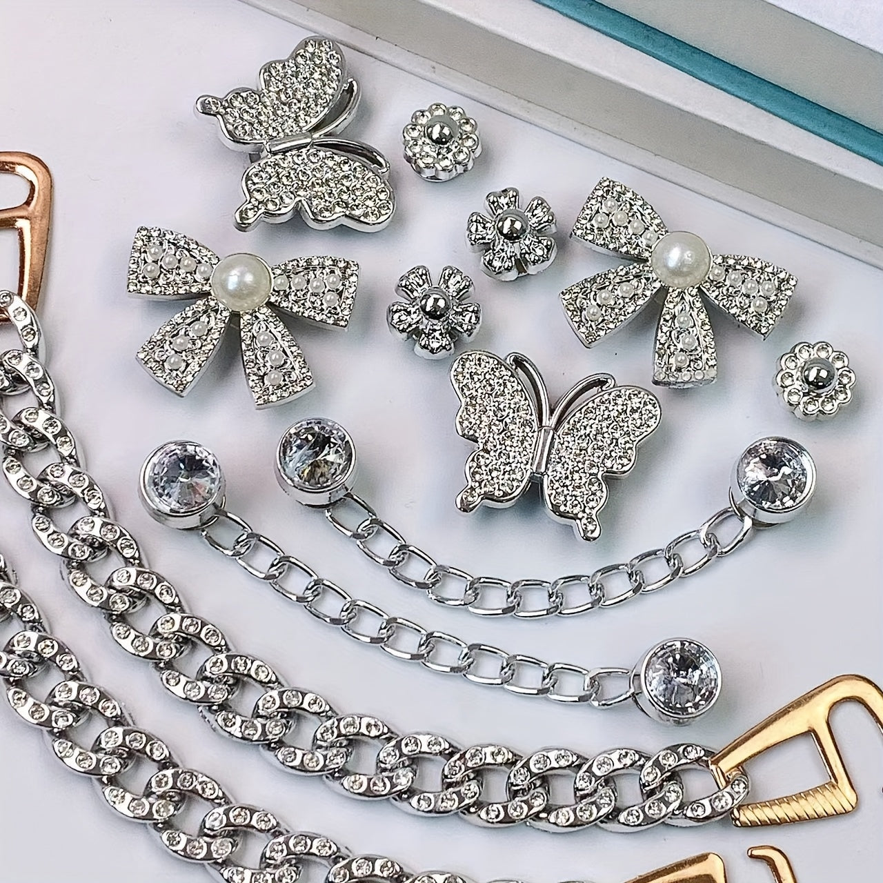 Women Silvery Bow Sunflower Butterfly Shoe Accessories Set for Clogs Sandals