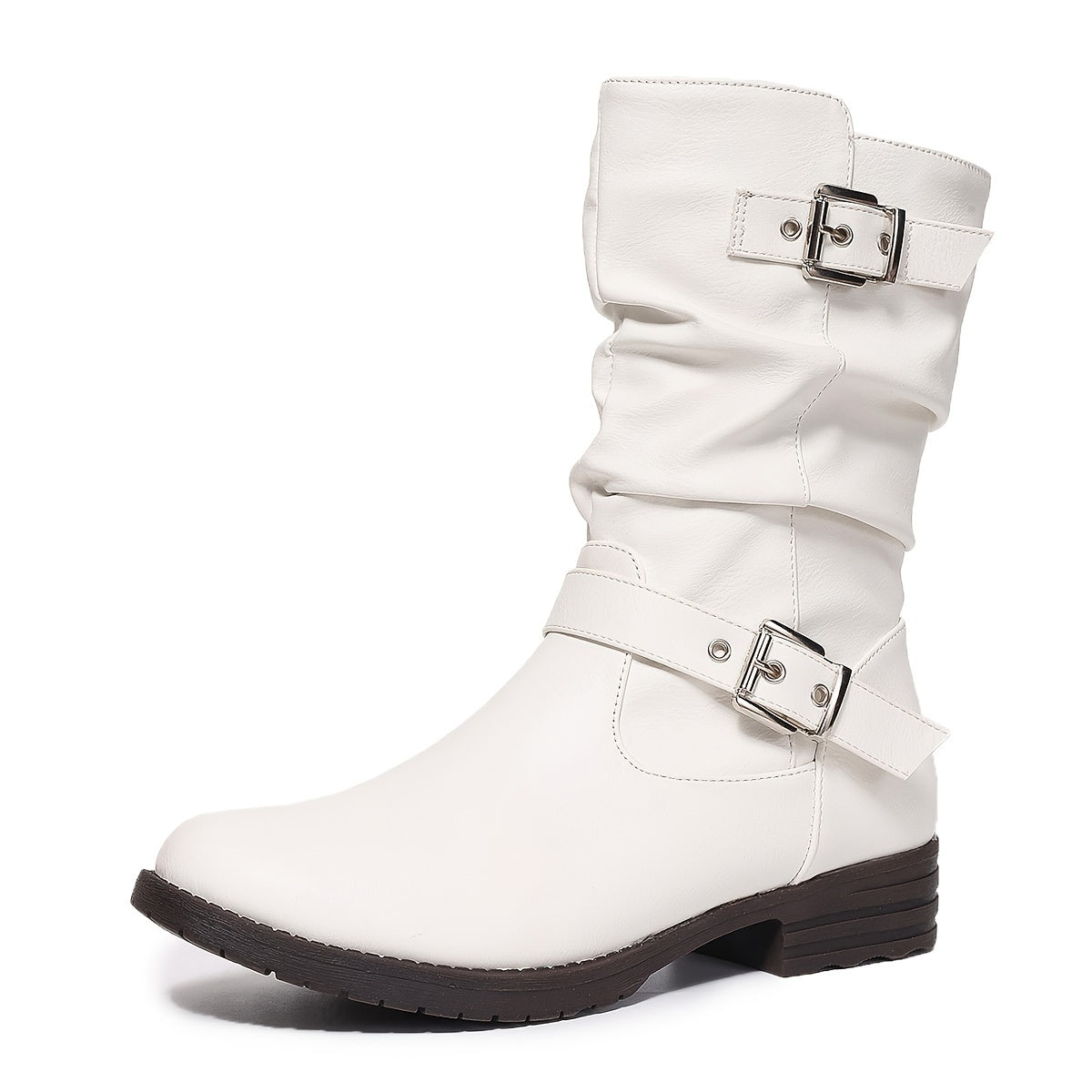 Women's Faux Leather Chunky Mid-Calf Boots with Side Zipper and Buckle Straps