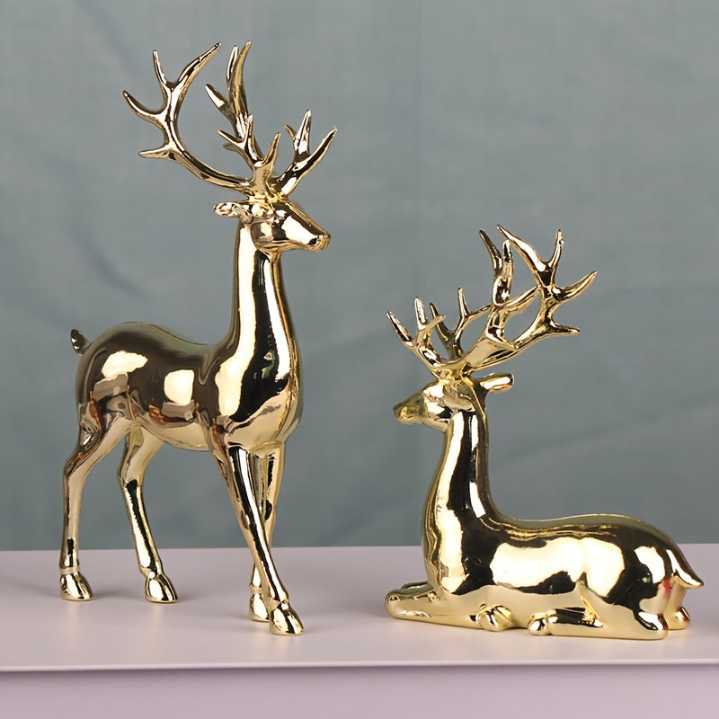 Gold-Plated Christmas Reindeer Statues for Home Decor and Holiday Tabletop Displays