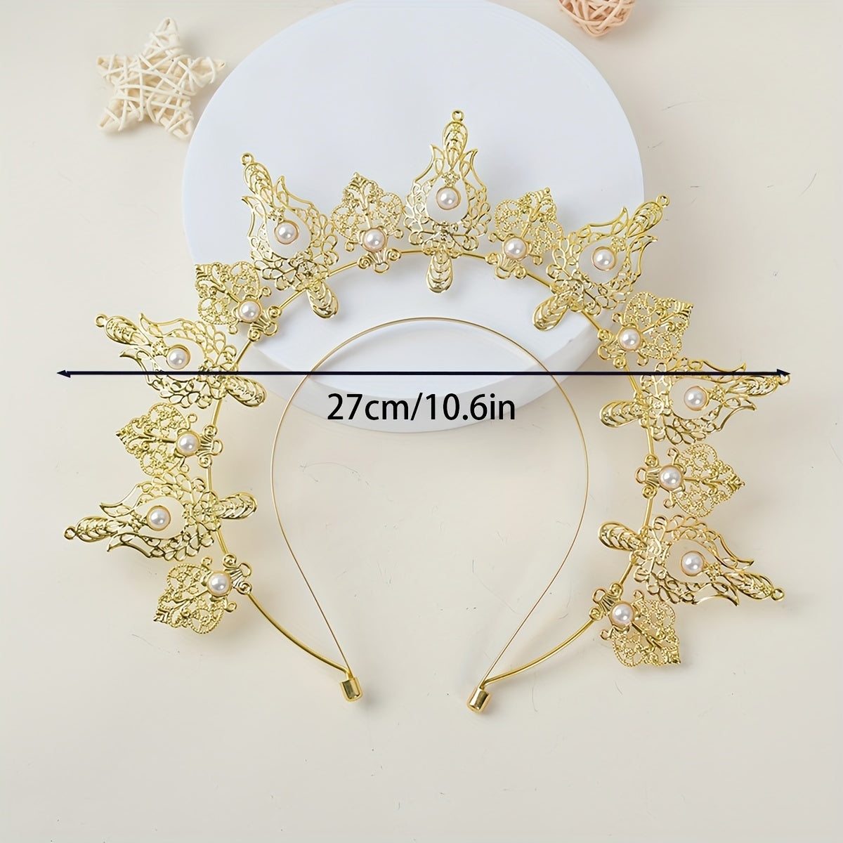 Vintage Gold Hair Crown Tiara with Faux Pearl Headband for Women