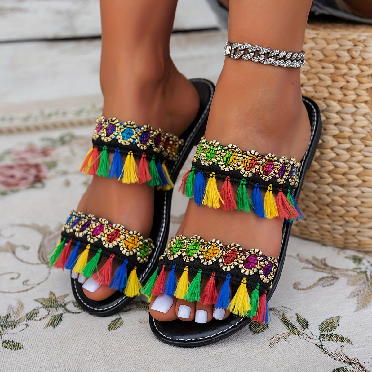 Women's Bohemian Flat Slide Sandals with Tassel Beads for Summer Beach Casual