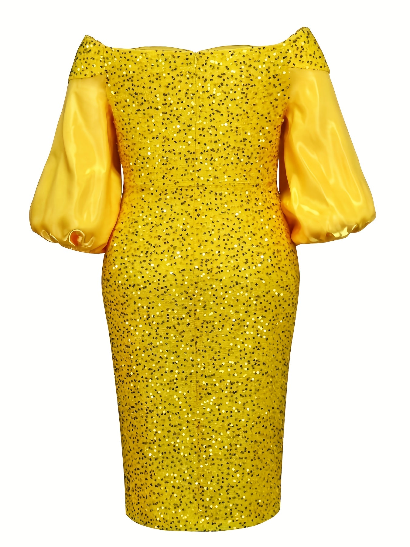 Plus Size Women's Sequin Gold Off-Shoulder Bell Sleeve Party Dress