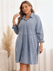Plus Size Light Blue Denim Shirt Dress with Ruffle Hem for Casual Wear