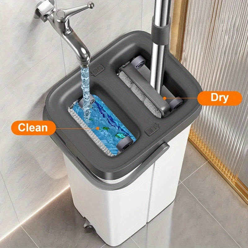 Qo'l bilan tozalashsiz tekis mopu to'plami: Kleyka bilan yopishtiriladigan mop va chelak, plitkalar, marmar, yog'och pollari va shisha yuzalarini ho'l va quruq tozalash uchun.