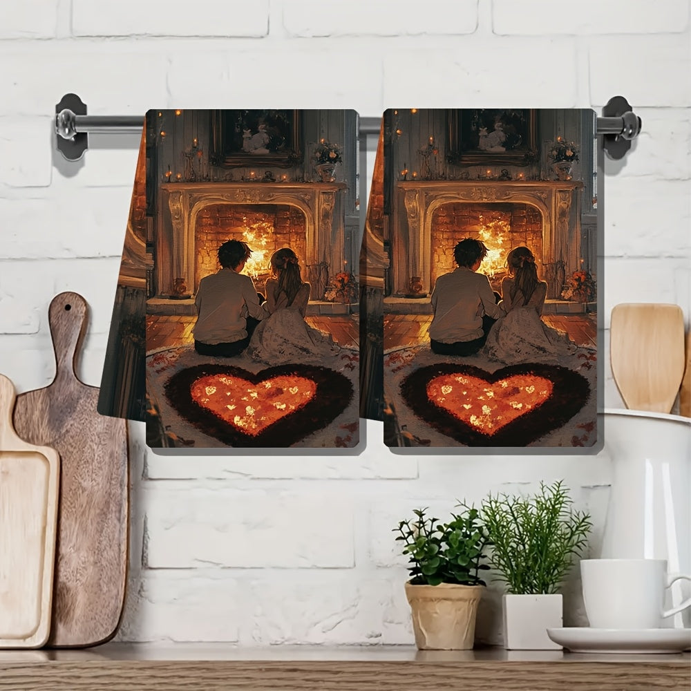 Set of 2 Ultra-Soft Absorbent Kitchen Towels Anime Couple Heart Rug 40x60 cm