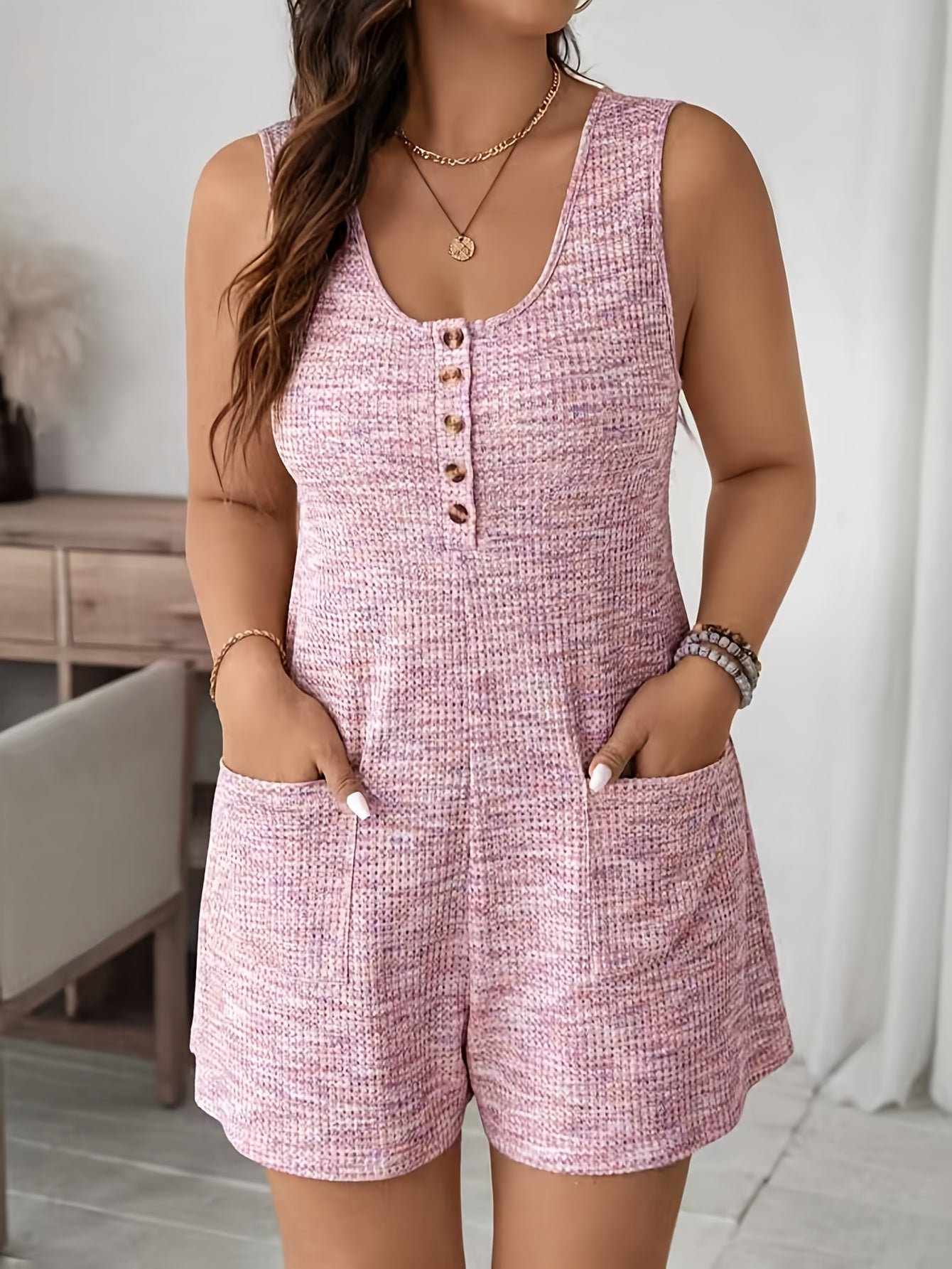 Women's Pink Sleeveless Jumpsuit with Pockets and Button Details