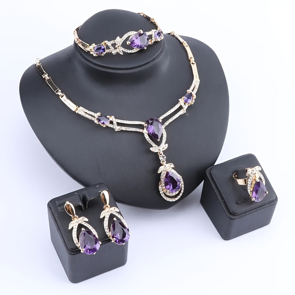 Women's Purple Gold Synthetic Zircon Jewelry Set Necklace Bracelet Earrings Ring for Parties Bridal