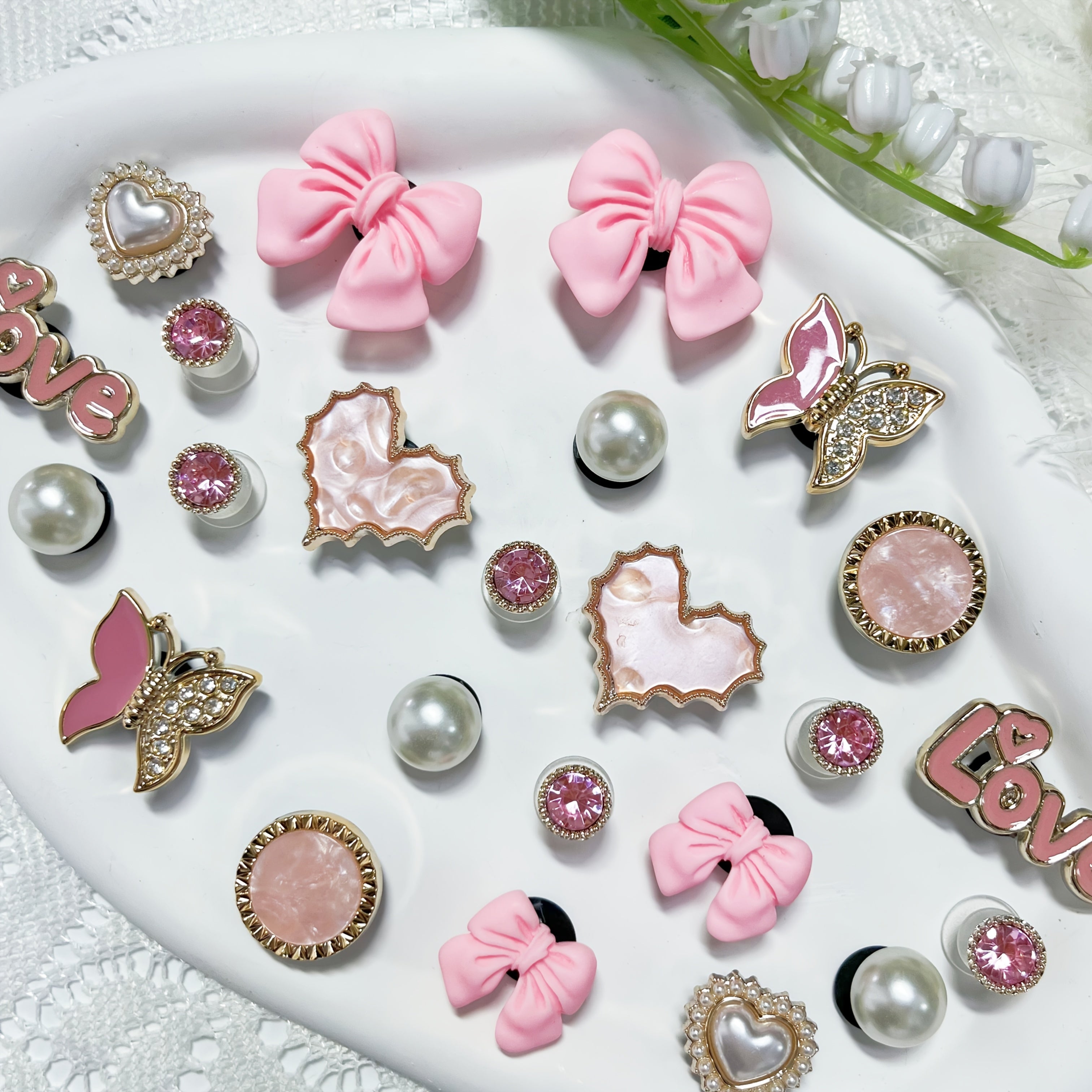 Pink Heart and Bow Shoe Charms Set with Rhinestones for Women’s Sandals