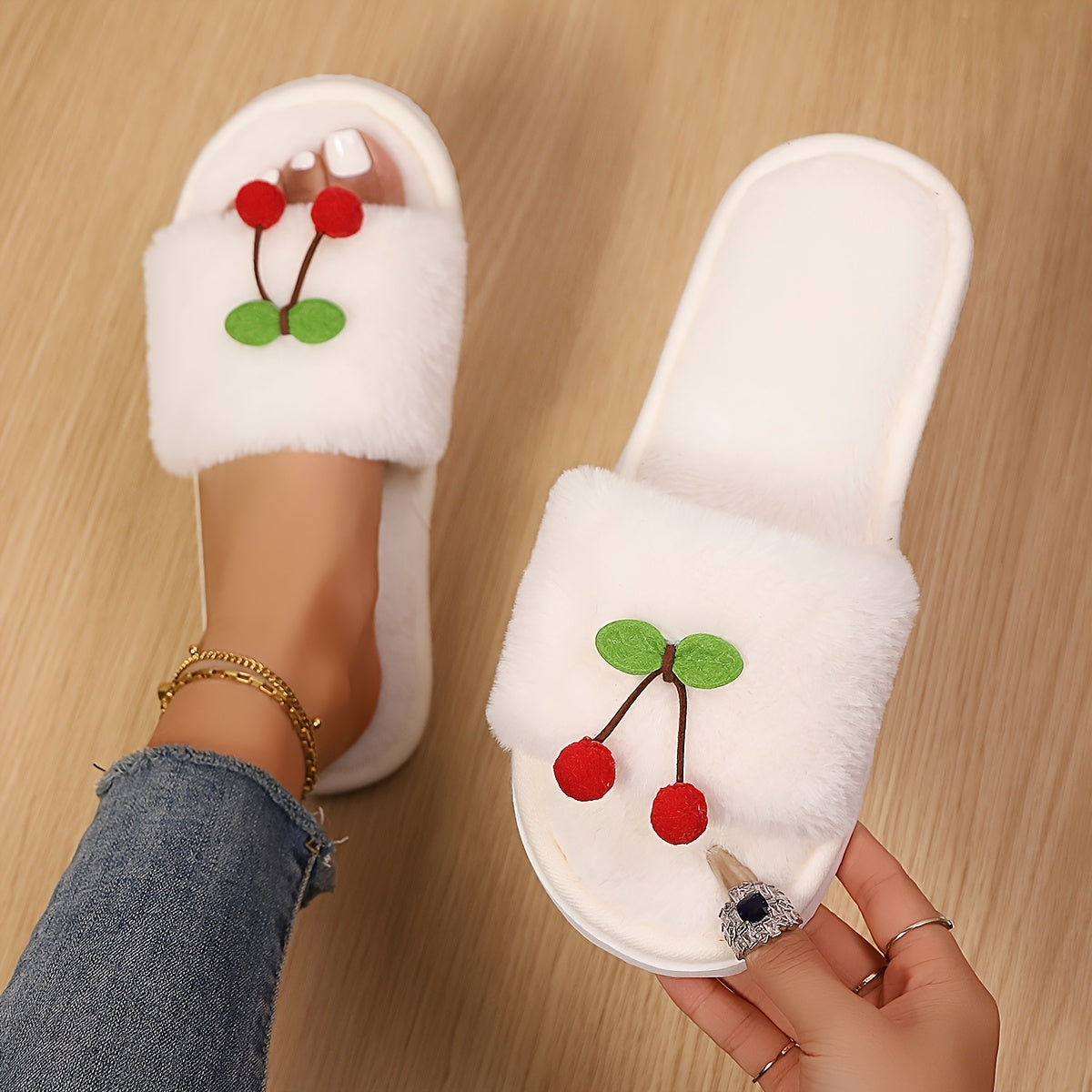 Women's Cherry Slip-On Indoor Slippers Soft Sole Lightweight Comfortable