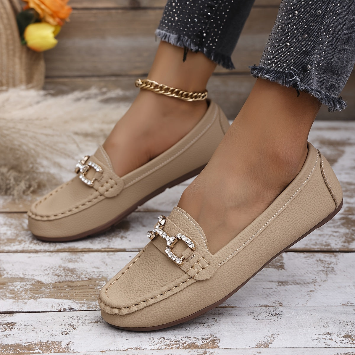 ayollar uchun slip-on tufli, faux cover yuqori qismi, kauchuk taglik, kundalik poyafzal