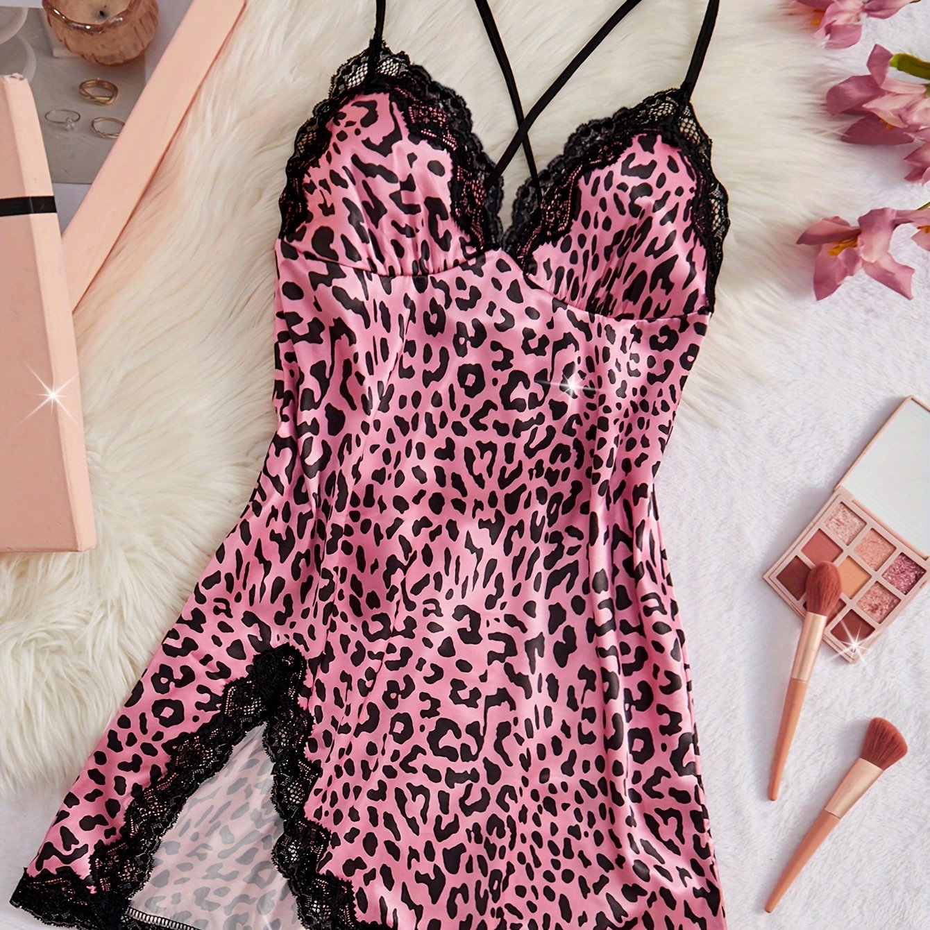 Leopard Print Satin Nightgown for Women with Lace Trim V-Neck Side Split Sleeveless