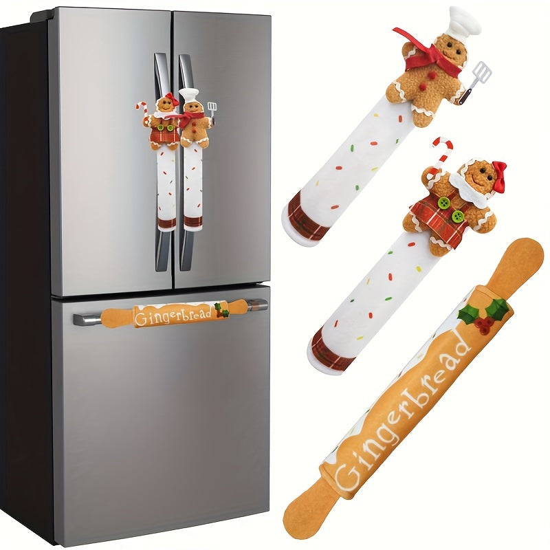Set of Three Christmas Gingerbread Refrigerator Door Handle Covers Kitchen Decor