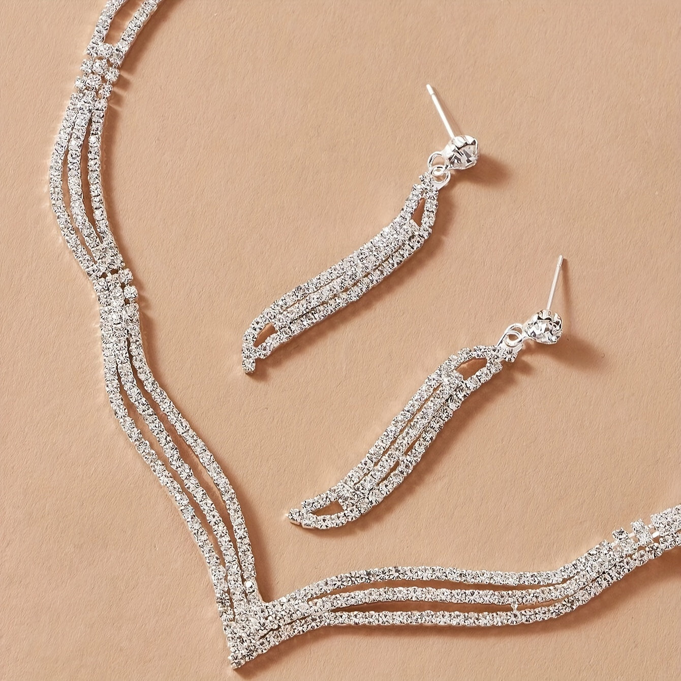 Women's Rhinestone Jewelry Set with Necklace Earrings and Bracelet for Bridal and Party