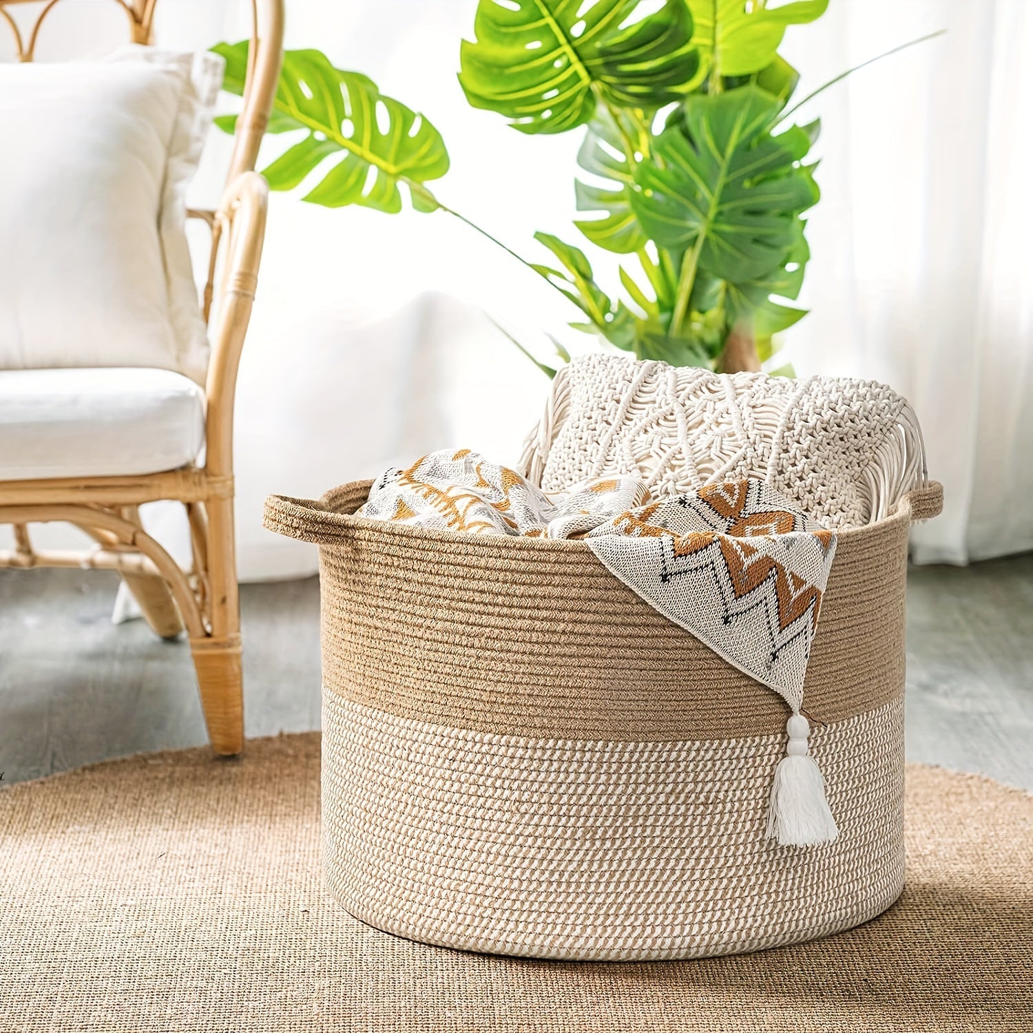 Large Woven Rope Storage Basket 50.8cm x 50.8cm x 34.04cm for Laundry and Toy Organization
