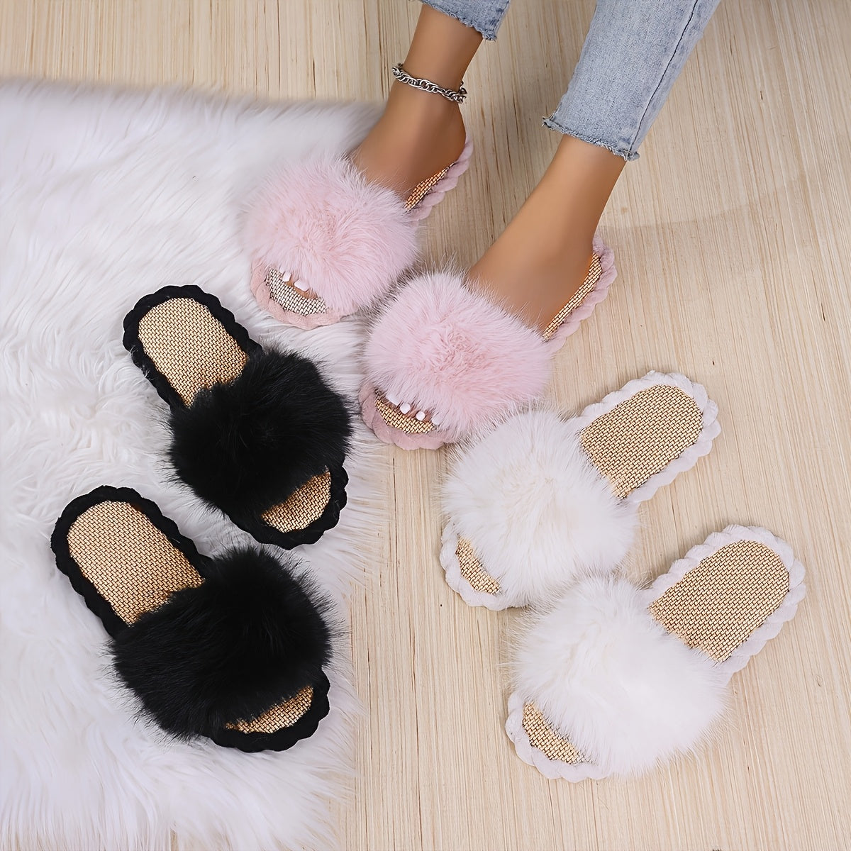 Women's Plush Fleece Open-Toe Slippers with Non-Slip Sole for Home