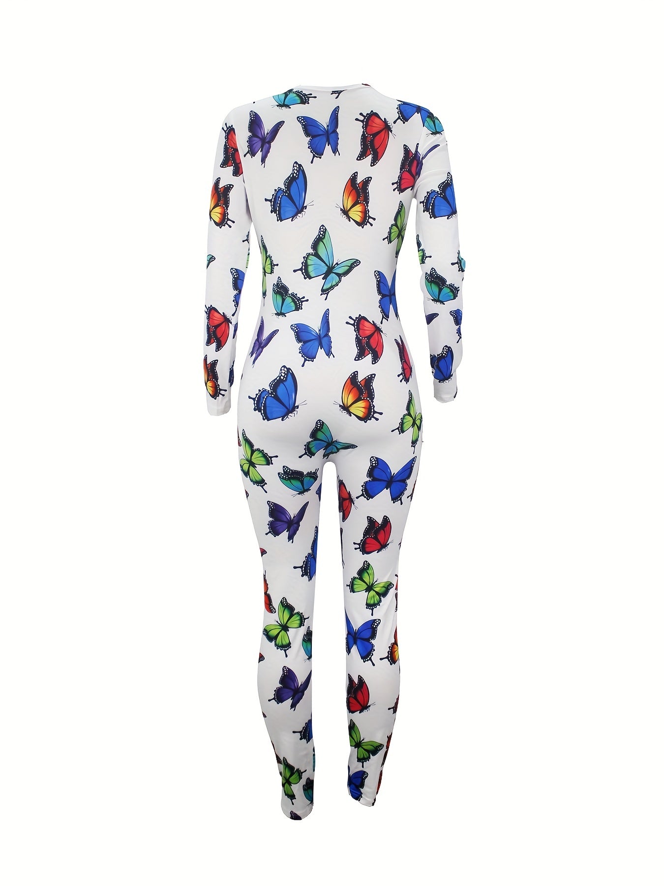 Women's Black Stretchy Butterfly Print Casual Jumpsuit with V-Neck and Button Front