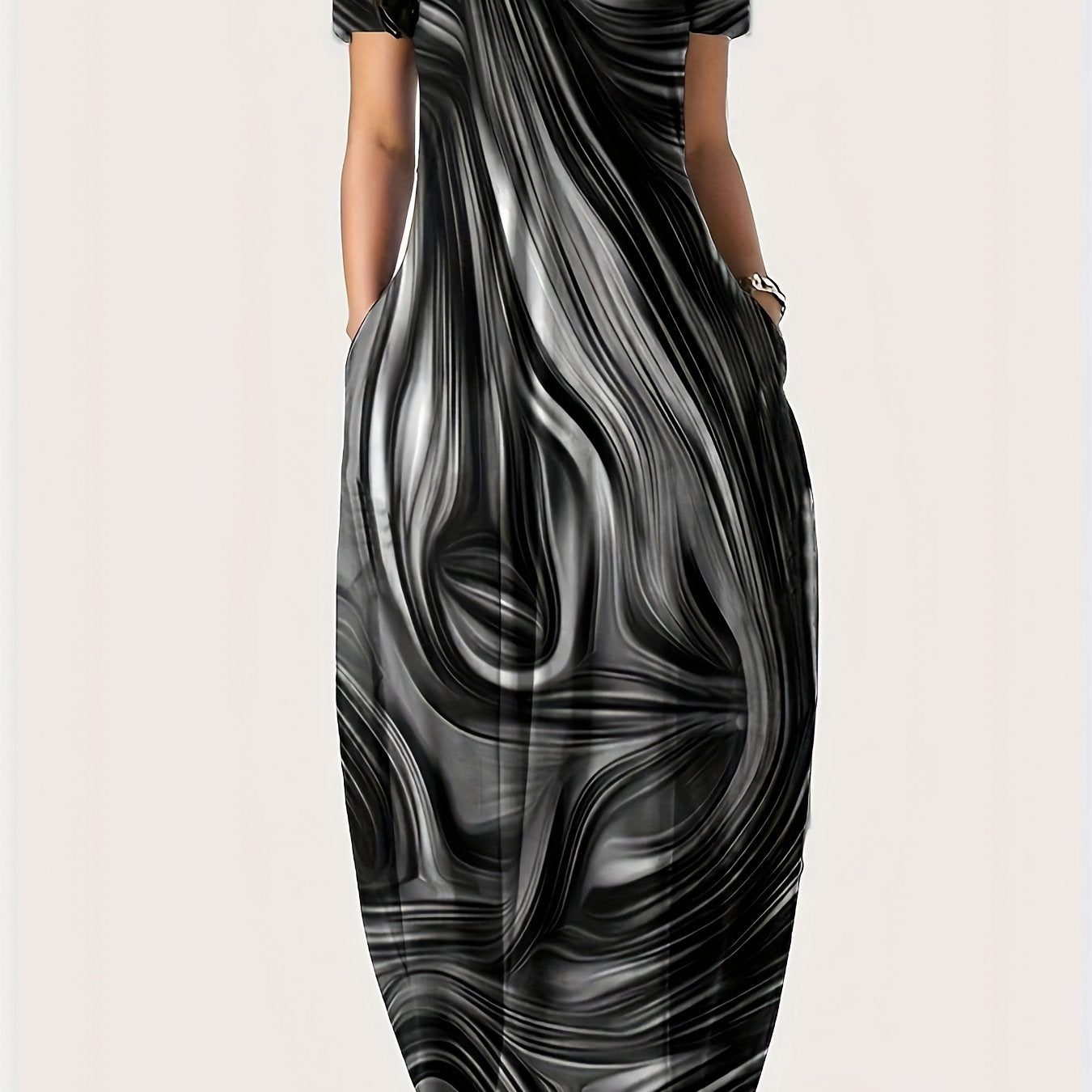 Платье-макси с геометрическим принтом для полных, полиэстеровое трикотажное, повседневное, свободного кроя, с карманами, для всех сезонов