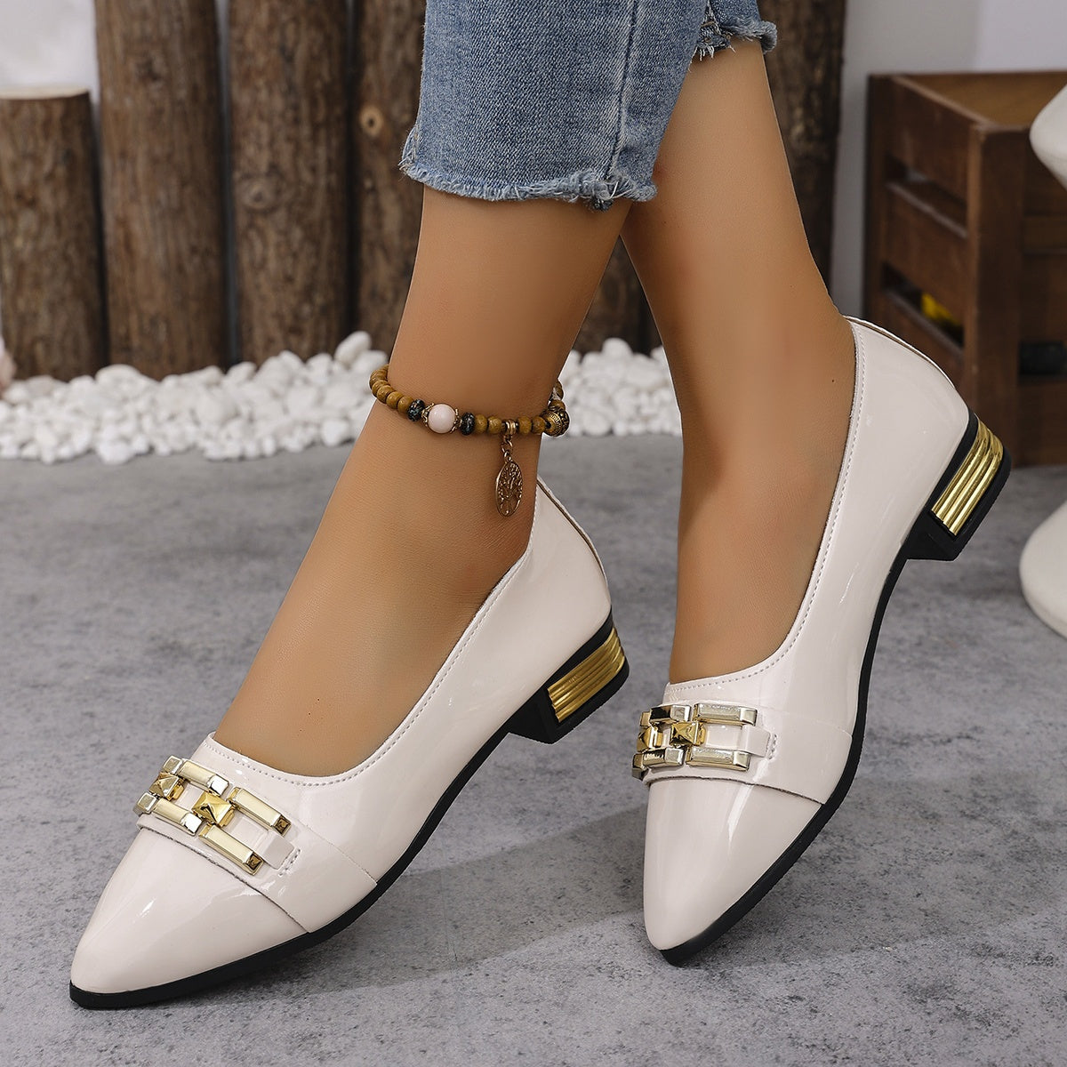 Women's White Pointed Toe Slip-On Loafers with Buckle Embroidery