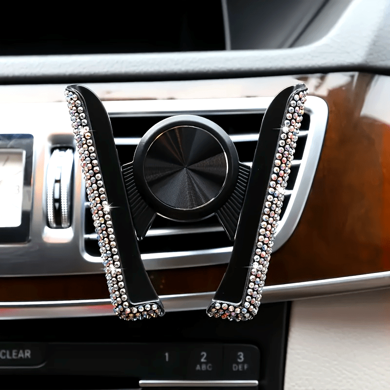 Car Phone Holder Sparkling Rhinestone Dual-Function Air Vent Mount Waterproof Rotatable