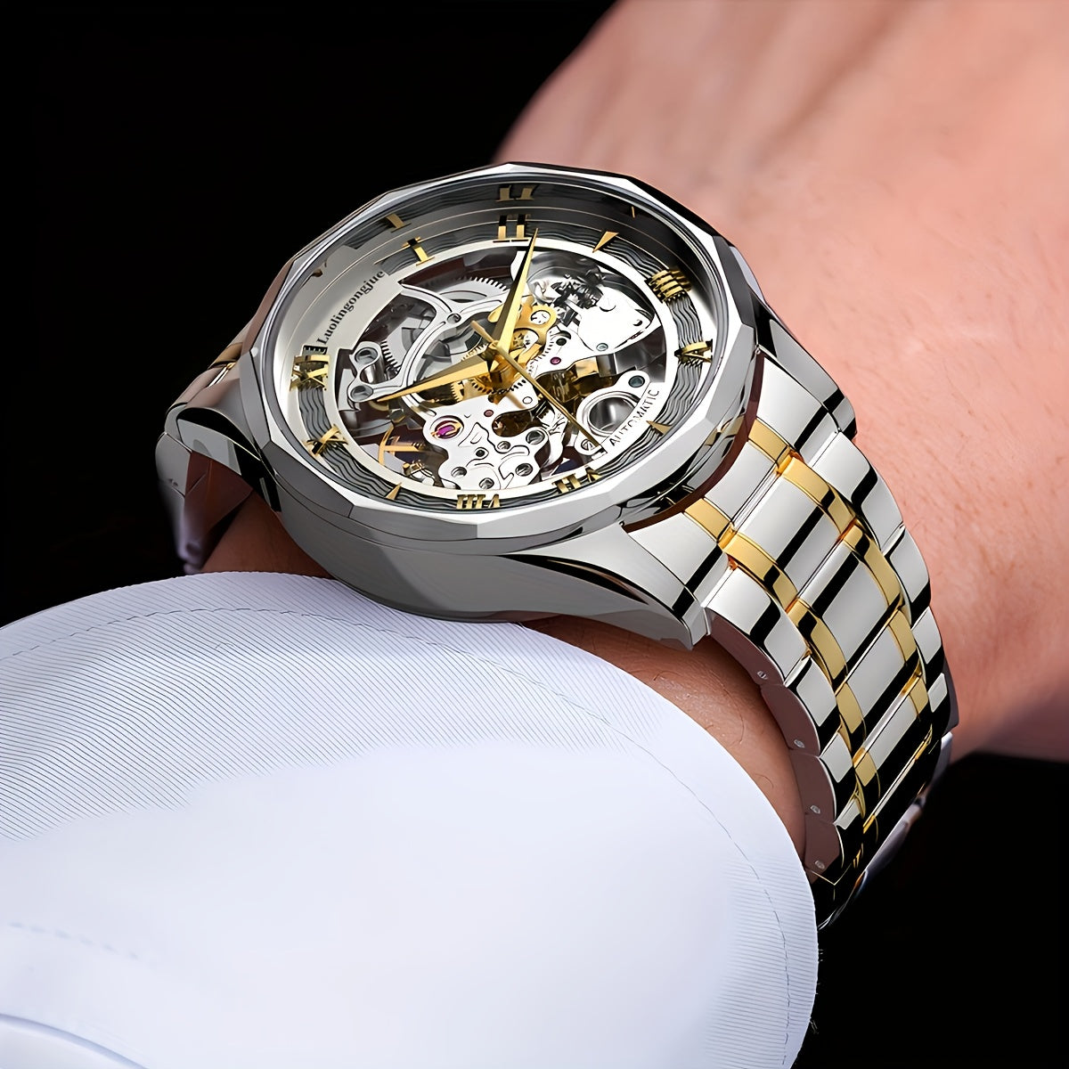 Men's Mechanical Watch Stainless Steel Strap Hollow Dial Casual Automatic Self-Winding