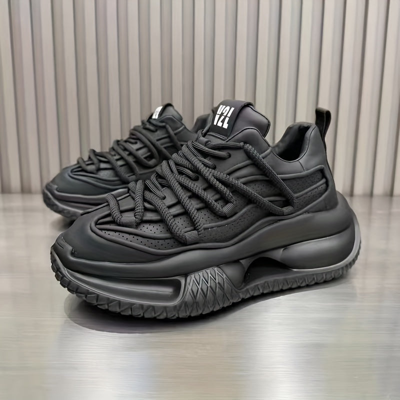 Erkaklar uchun sport uslubidagi krossovkalar, bir rangli, pastki qismi bog'ichli dizayn, qulay ichki mato, mustahkam PVC taglik va kundalik kiyish va yugurish uchun mato ichki taglik.