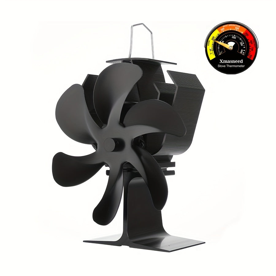 Aluminum Wood Stove Fan with Magnetic Thermometer for Camping and Indoor Use