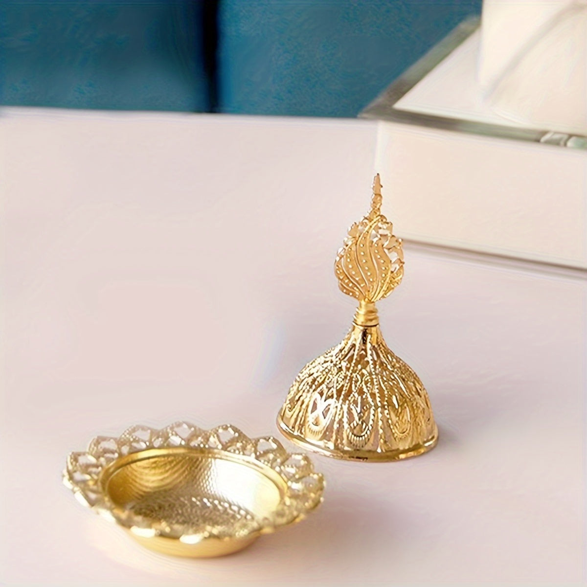 Golden Iron Incense Holder with Middle Eastern Design for Home Decor and Celebrations