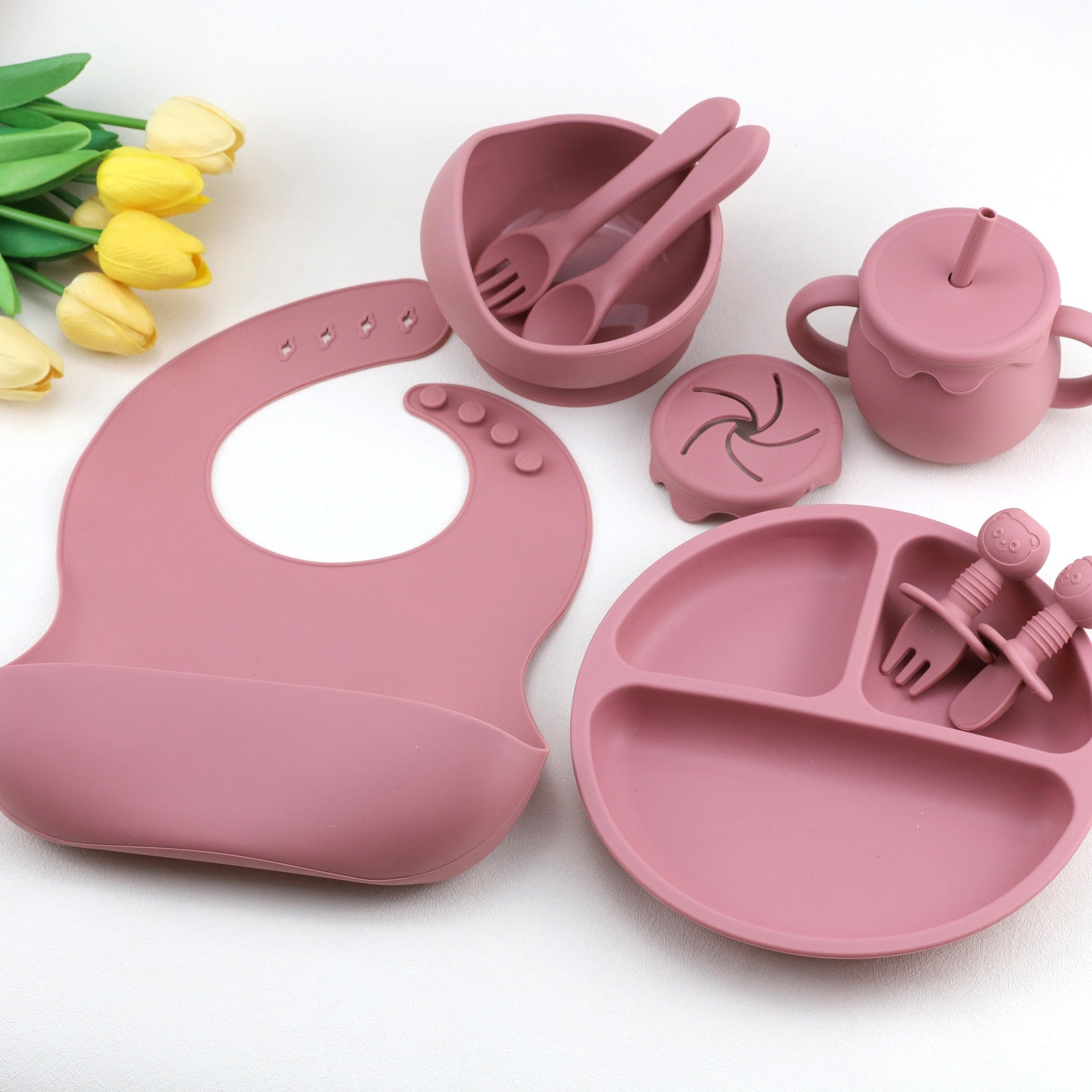 9-Piece Silicone Baby Tableware Set with Bib Plate Bowl Cup Spoon Fork