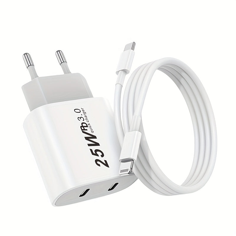 Cargador rápido dual USB-C de 25W con enchufe europeo para iPhone, Samsung y dispositivos Android