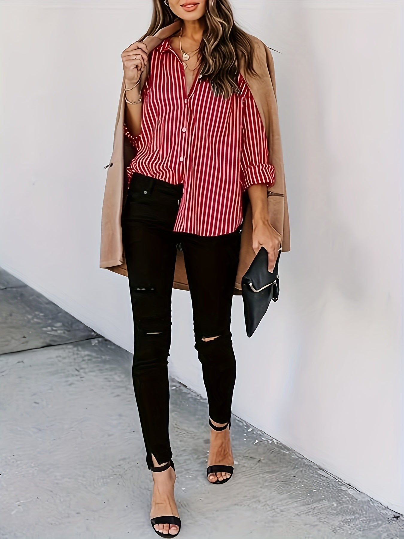 Women's Striped Light Polyester Long Sleeve Button-Up Shirt Casual Blouse