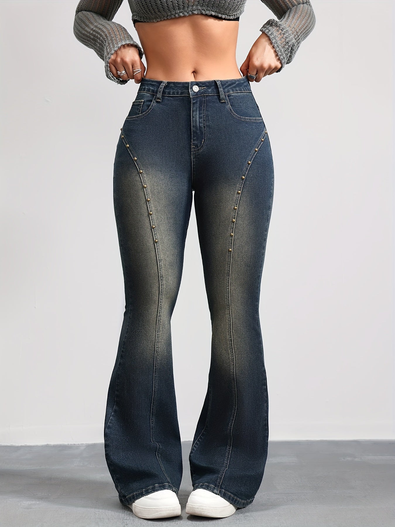 Women's Beaded High-Waisted Flare Jeans Stretch Denim Solid Color Plus Size