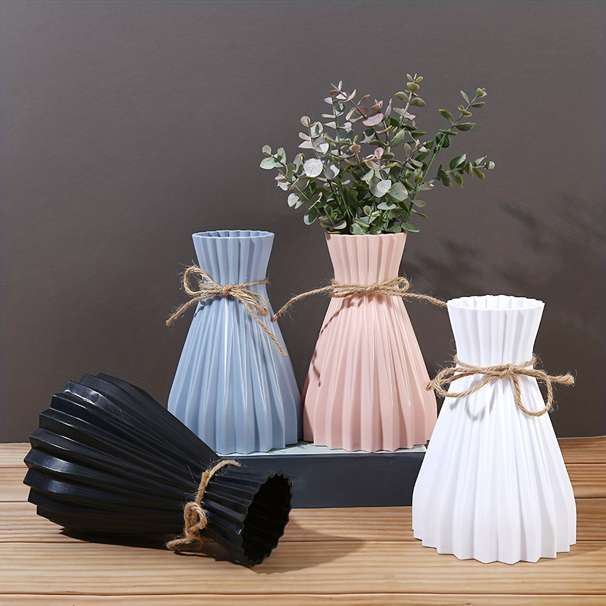 Faux Ceramic Vase with Nordic Stripes for Home Decor Artificial Flower Arrangement