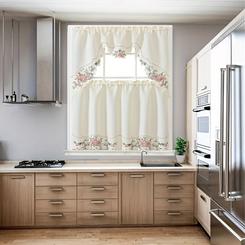 3-Piece Beige Floral Embroidered Polyester Window Curtains for Bedroom Living Room Kitchen