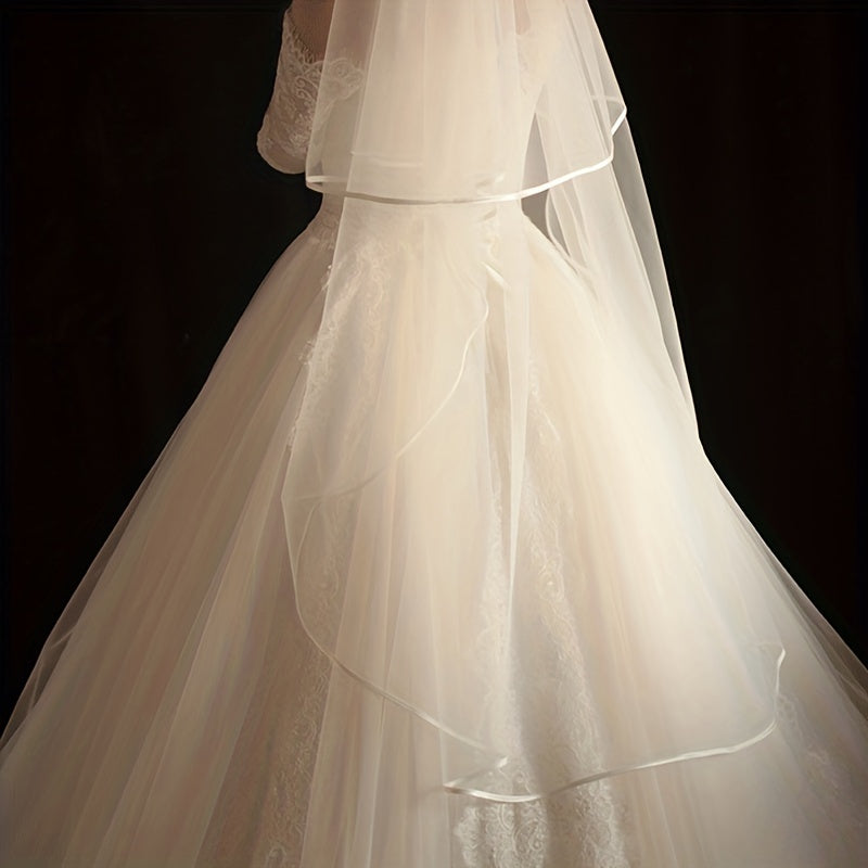 Velo de novia con borde de satén de doble capa y peine de metal para el cabello, accesorio para bodas