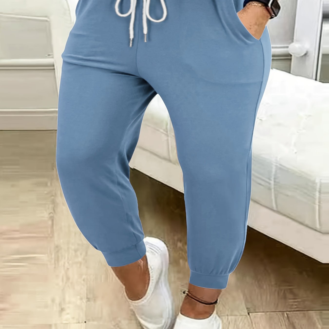 Plus Size Casual Solid Color Drawstring Waist Pants with Pockets for Women