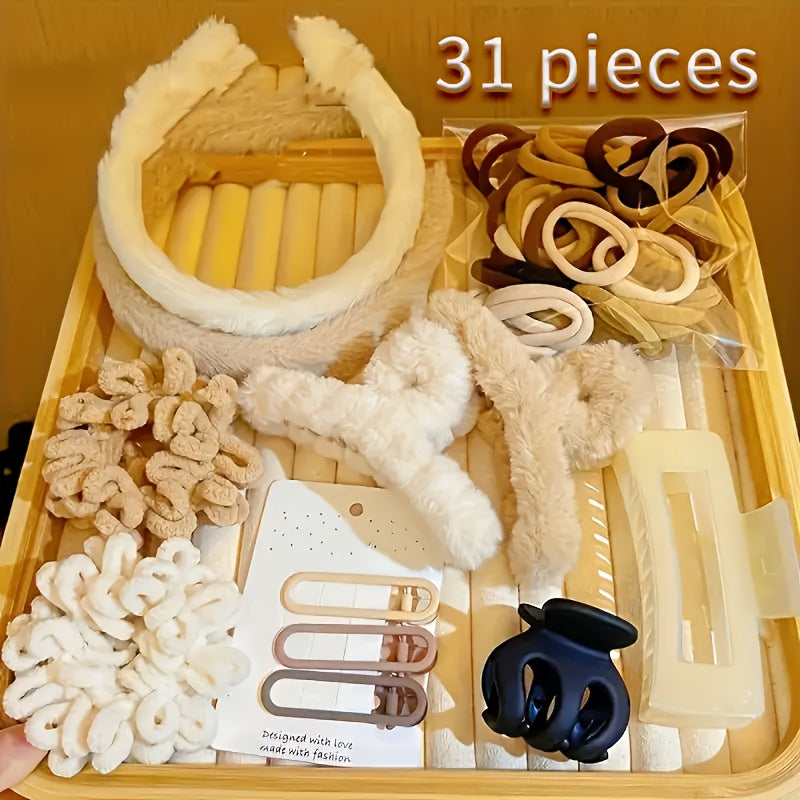 31-Piece Winter Plush Hair Accessories Set for Women with Solid Colors and Thanksgiving Theme